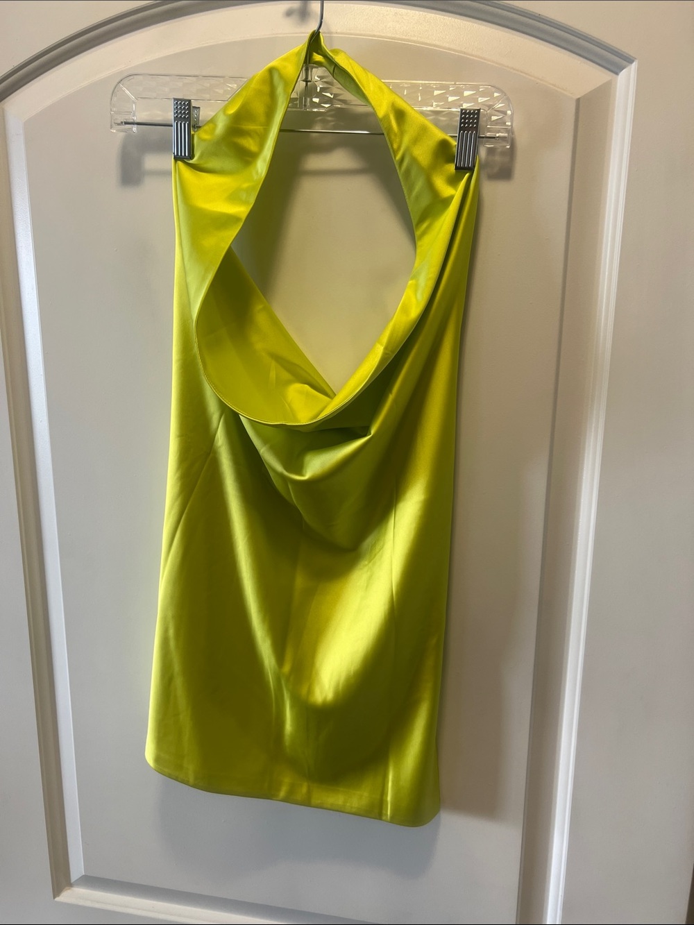naked wardrobe Neon Lime Satin Halter Mini Dress